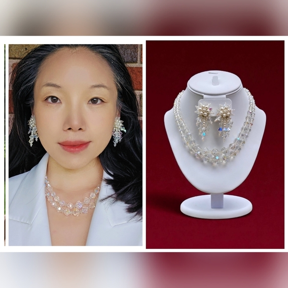Vintage Crystal Necklace and Crystal Fuax Pearl Earrings Jewelry Set - Picture 17 of 17